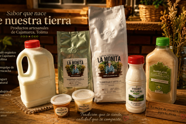 Productos artesanales de Cajamarca, Tolima: café de origen La Monita, sabajón de arracacha y arequipe de arracacha.
